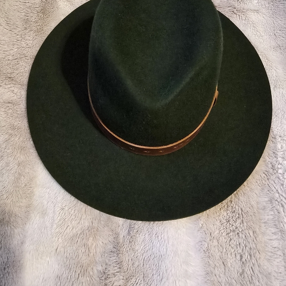 WYETH Hunter Green Wide-Brim Fedora Hat with Brown Leather Band - Picture 5 of 5